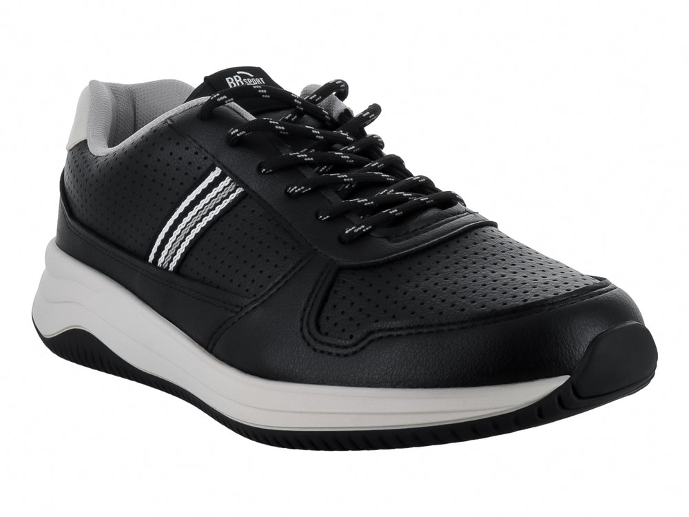 Tenis deportivos BR Sport en color negro con suela blanca y detalles laterales en blanco.
