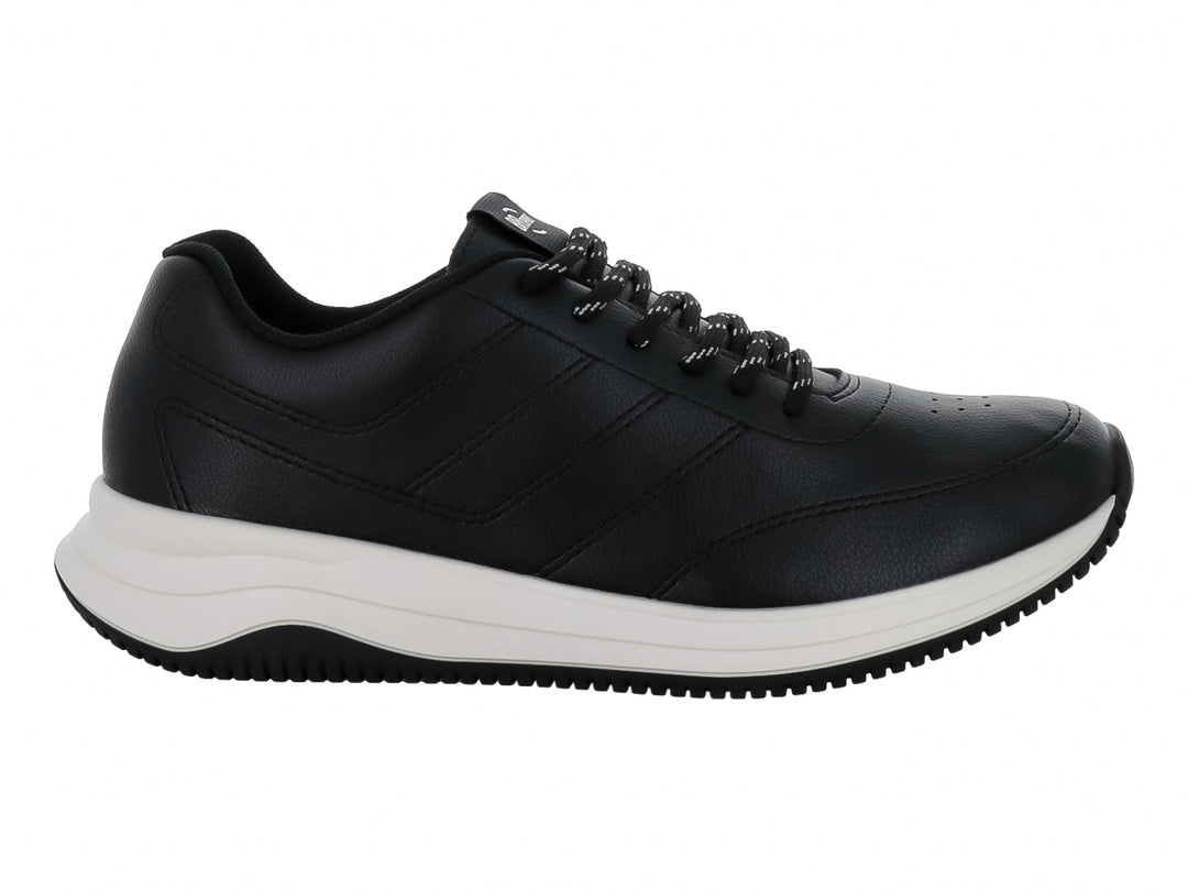 Tenis deportivos color negro con suela blanca y cordones, vista lateral.