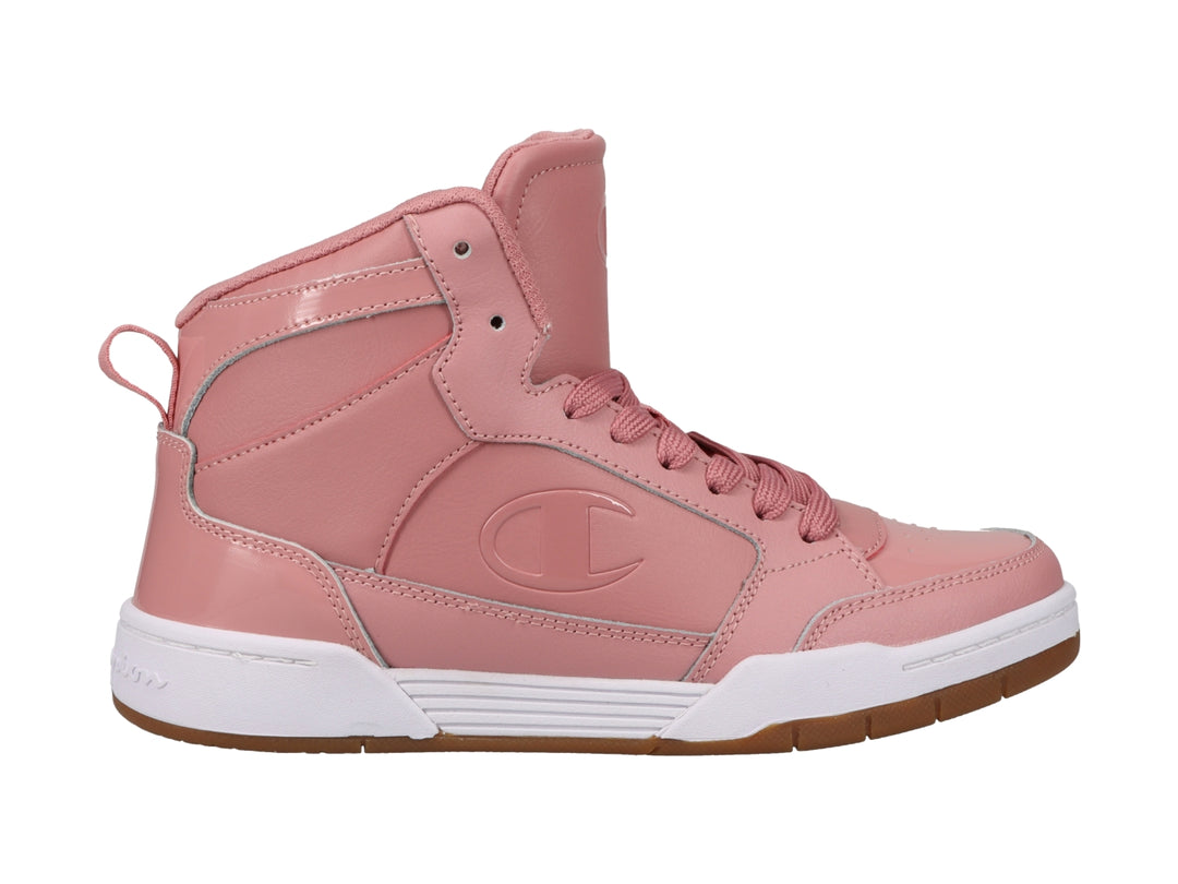 Tenis Champion modelo Arena Power Hi en color rosa con suela blanca y detalles en café, corte alto.
