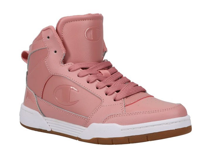 Tenis Champion modelo Arena Power Hi en color rosa con suela blanca y detalles en café, corte alto.