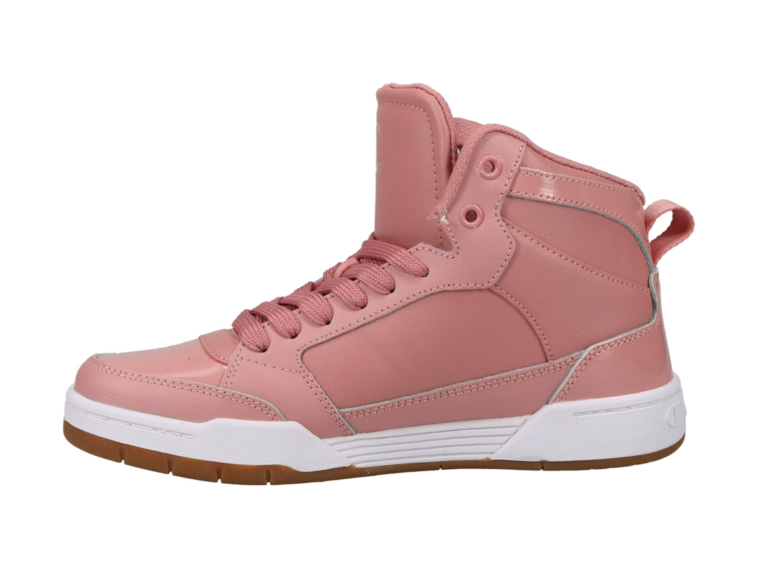 Tenis Champion modelo Arena Power Hi en color rosa con suela blanca y detalles en café, corte alto.