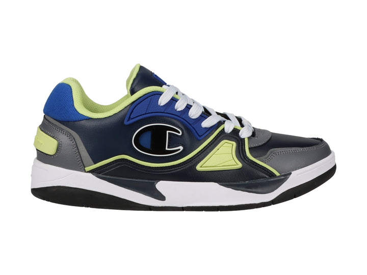 Tenis deportivos Champion en colores azul marino, gris y blanco con detalles en amarillo neón.