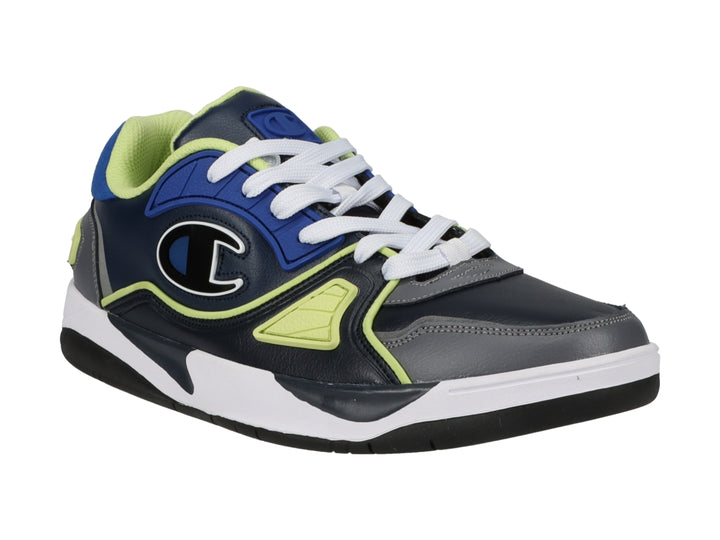 Tenis deportivos Champion en colores azul marino, gris y blanco con detalles en amarillo neón.
