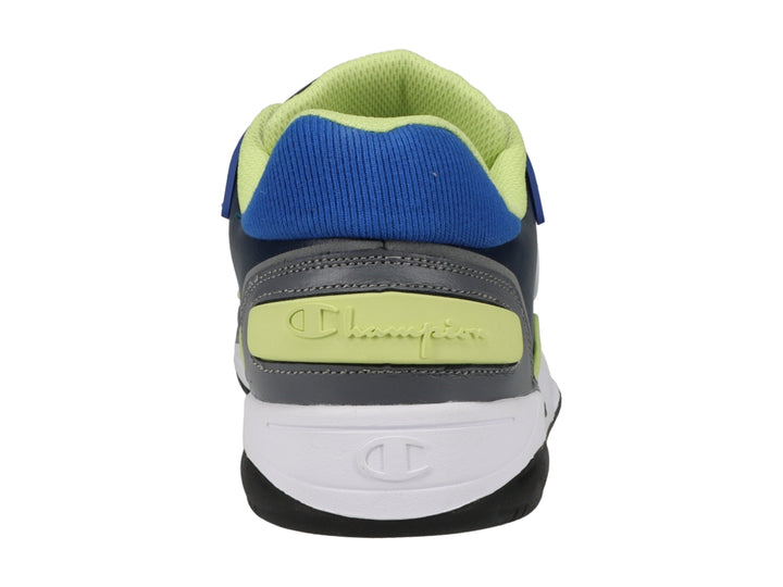 Tenis deportivos Champion en colores azul marino, gris y blanco con detalles en amarillo neón.