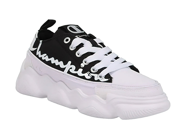 Tenis Champion de plataforma en colores blanco y negro con logotipo lateral.