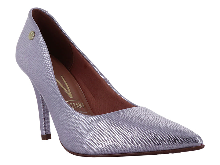 Zapato de tacón alto Vizzano color rosa metalizado con textura de piel de lagarto y punta fina.