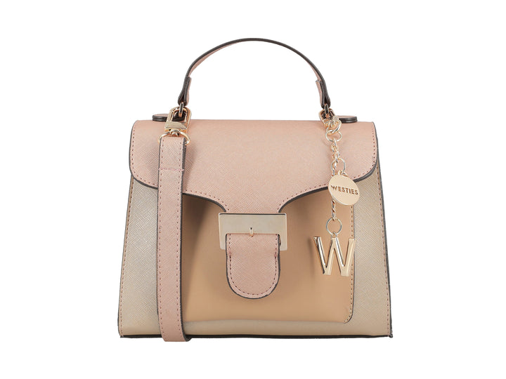Bolso de mano color copper con asa superior, correa ajustable y detalles metálicos dorados.