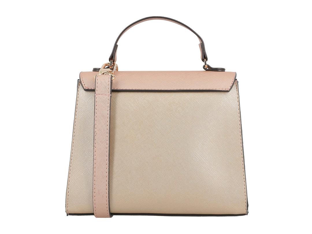 Bolso de mano color copper con asa superior, correa ajustable y detalles metálicos dorados.