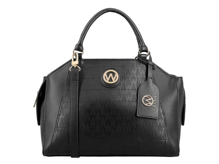 Bolso de mano negro de la marca Westies con textura grabada, detalles en dorado y asa superior.