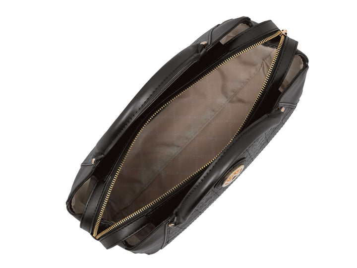 Bolso de mano negro de la marca Westies con textura grabada, detalles en dorado y asa superior.