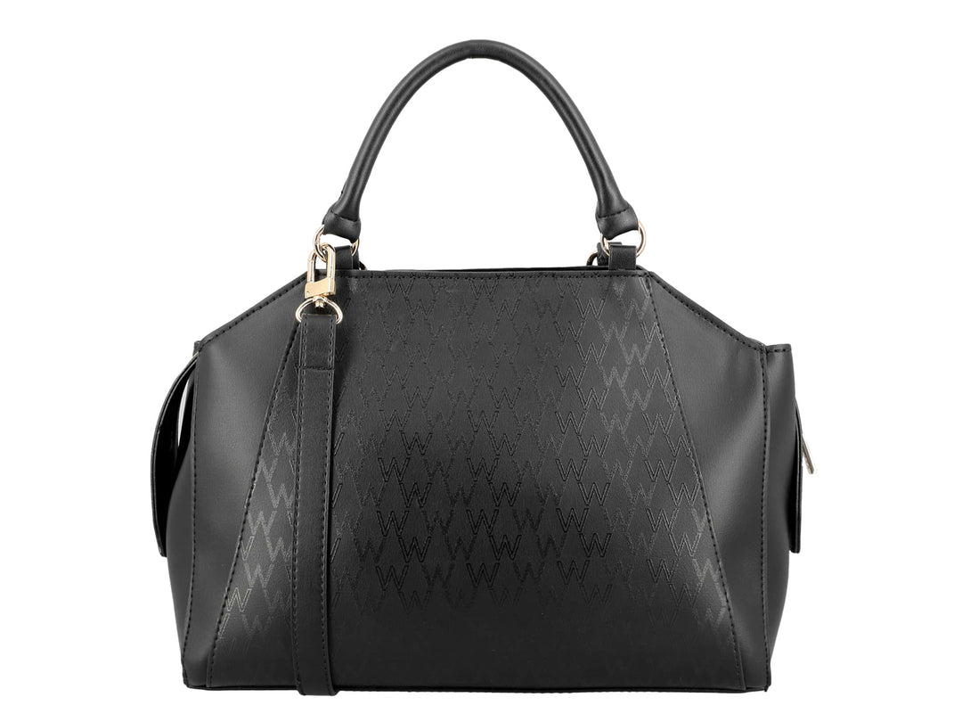 Bolso de mano negro de la marca Westies con textura grabada, detalles en dorado y asa superior.