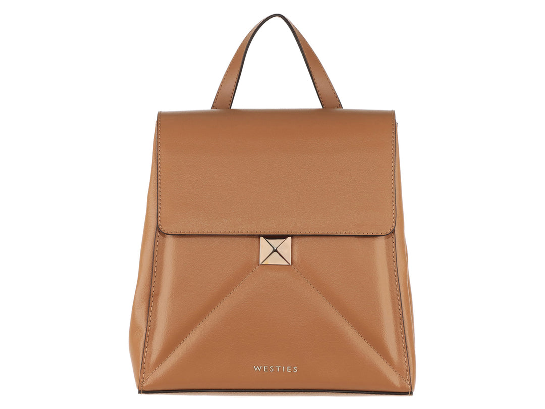 Bolso de hombro Westies en color tan con diseño estructurado, asa superior y detalle metálico frontal.