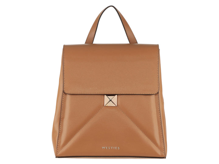 Bolso de hombro Westies en color tan con diseño estructurado, asa superior y detalle metálico frontal.