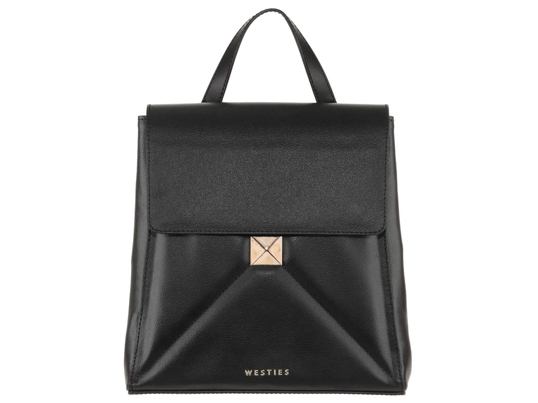 Bolso de hombro Westies color negro con asa superior, solapa frontal y detalle metálico dorado en el centro.