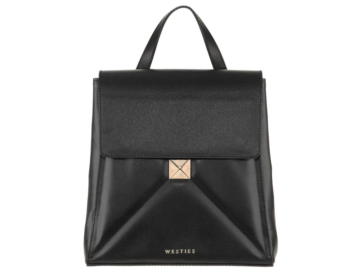 Bolso de hombro Westies color negro con asa superior, solapa frontal y detalle metálico dorado en el centro.
