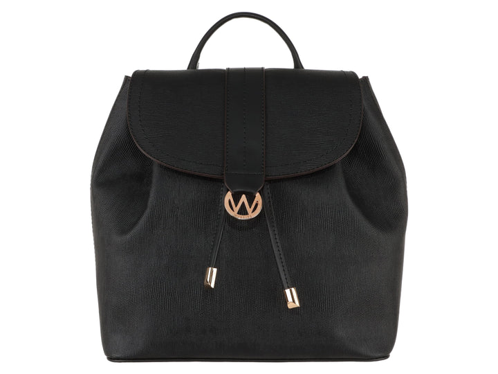 Mochila Westies color negro con textura rugosa, solapa frontal y detalles metálicos en tono dorado.