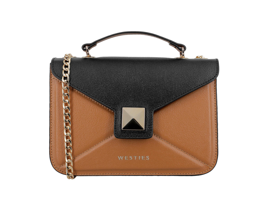 Bolso de hombro Westies en colores marrón y negro con asa superior y correa de cadena dorada.