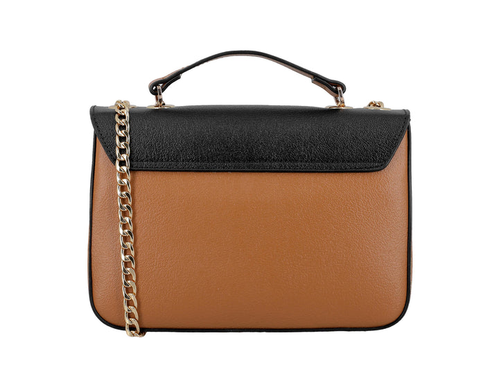 Bolso de hombro Westies en colores marrón y negro con asa superior y correa de cadena dorada.