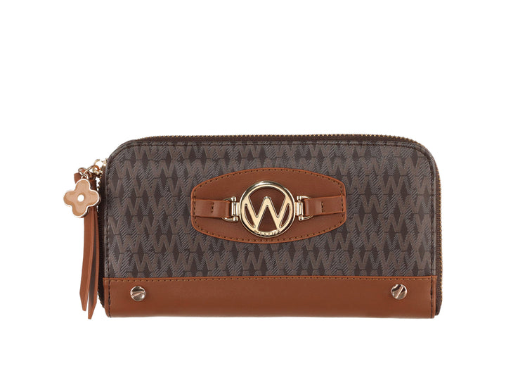 Cartera marrón de Westies con estampado geométrico, detalles en dorado y cierre superior.