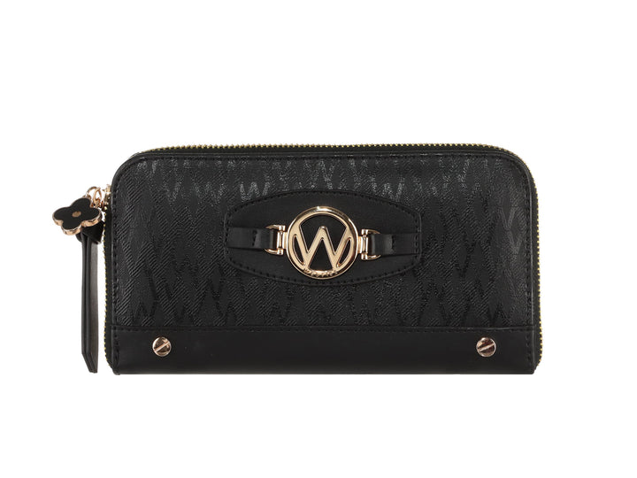 Cartera negra de Westies con estampado geométrico, cierre superior y detalle metálico dorado en el centro.