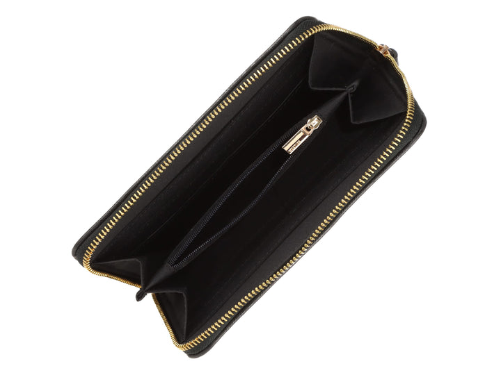Cartera negra de Westies con estampado geométrico, cierre superior y detalle metálico dorado en el centro.