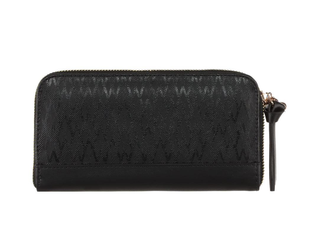 Cartera negra de Westies con estampado geométrico, cierre superior y detalle metálico dorado en el centro.