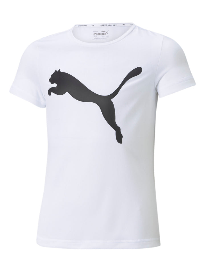 Camiseta deportiva PUMA blanca con logotipo negro del puma en el centro.