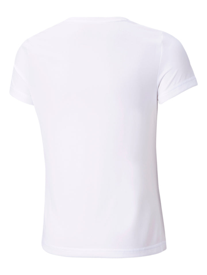 Camiseta deportiva PUMA blanca con logotipo negro del puma en el centro.