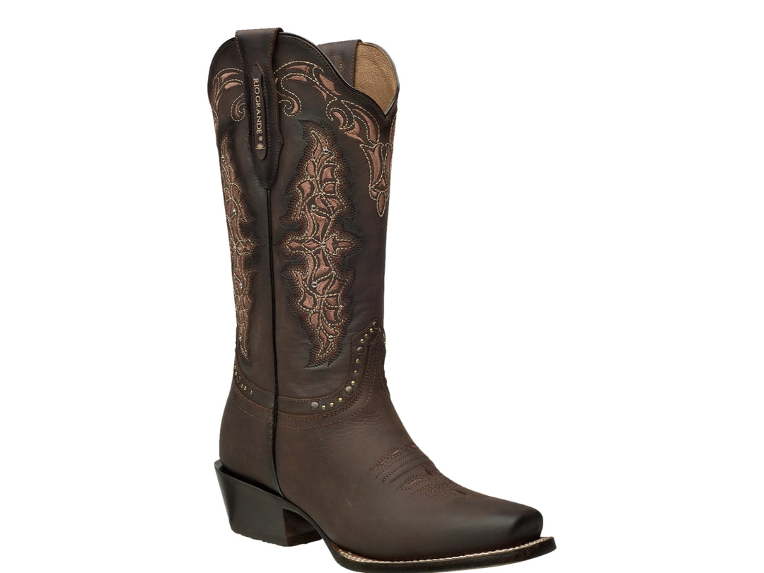 Bota vaquera de piel color chocolate para mujer con detalles bordados y cristales Swarovski.