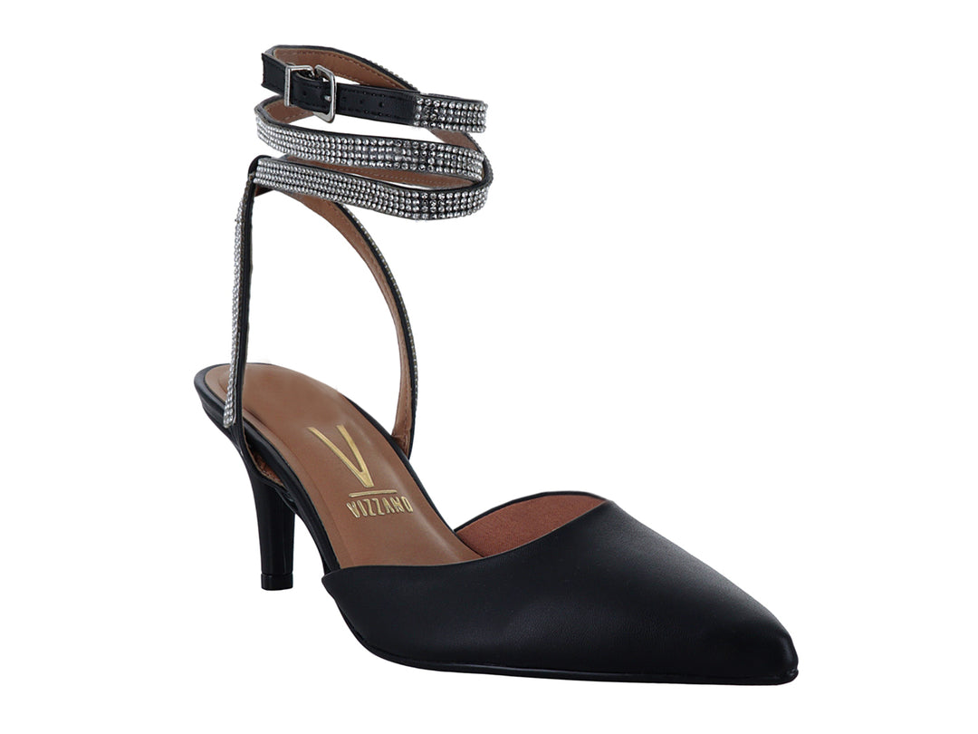 Zapato de tacón negro Vizzano con punta fina y correas decoradas con cristales plateados al tobillo.