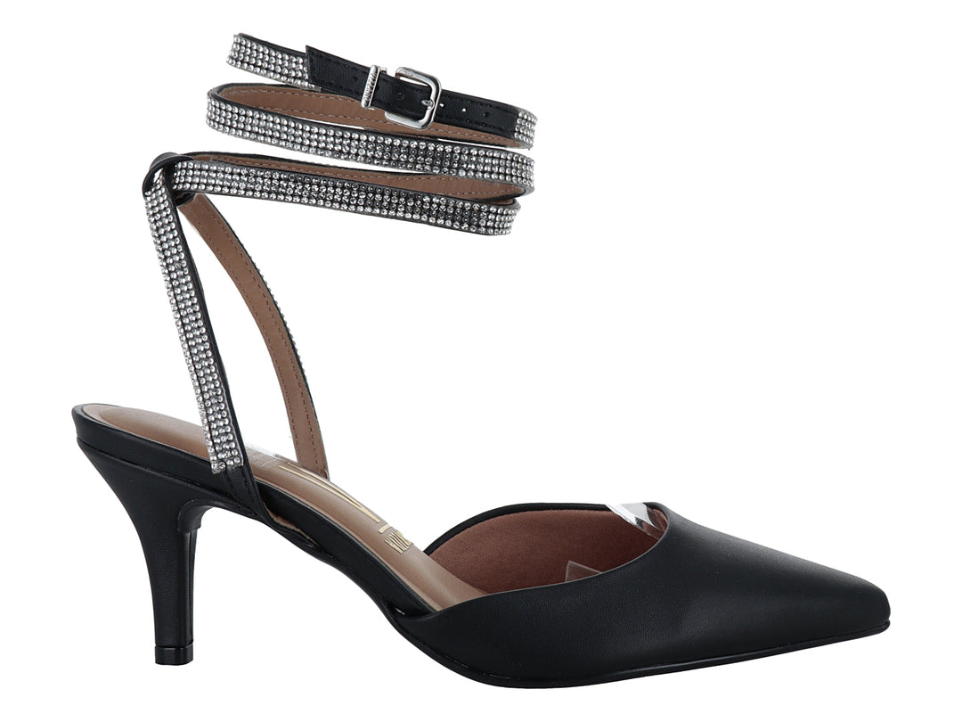 Zapato de tacón negro Vizzano con punta fina y correas decoradas con cristales plateados al tobillo.