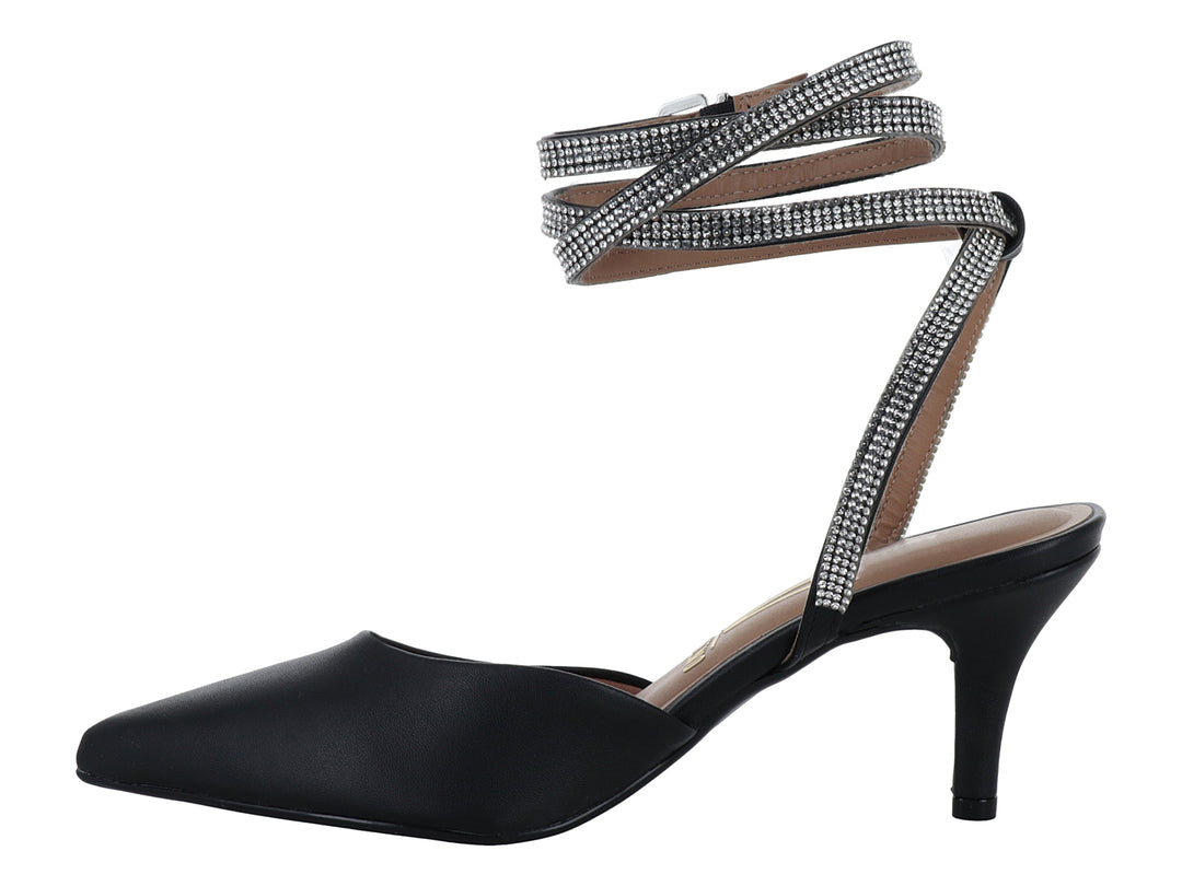 Zapato de tacón negro Vizzano con punta fina y correas decoradas con cristales plateados al tobillo.