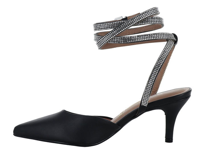 Zapato de tacón negro Vizzano con punta fina y correas decoradas con cristales plateados al tobillo.