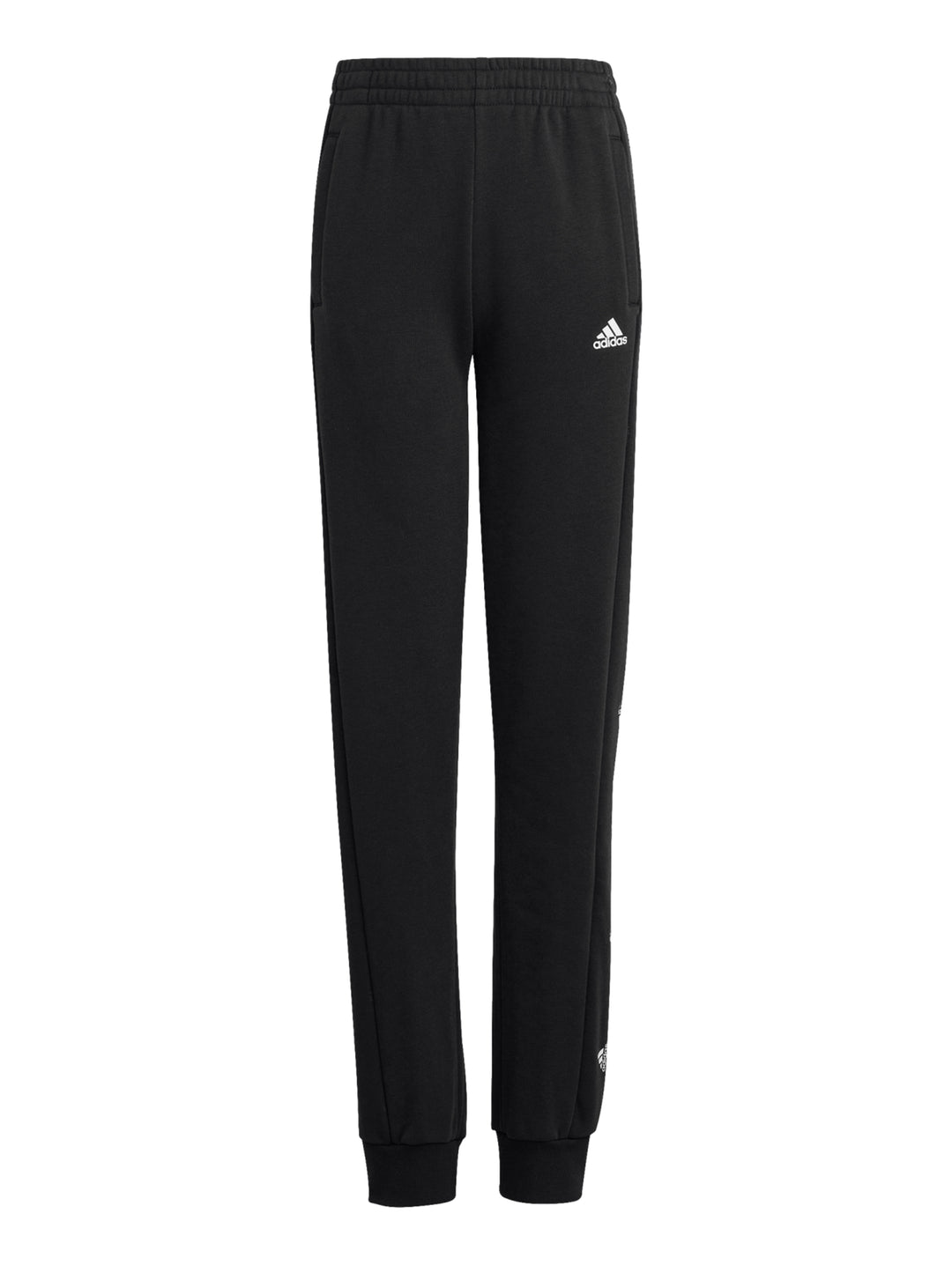 Pantalones deportivos Adidas color negro con detalles de marca en blanco y puños elásticos en los tobillos.