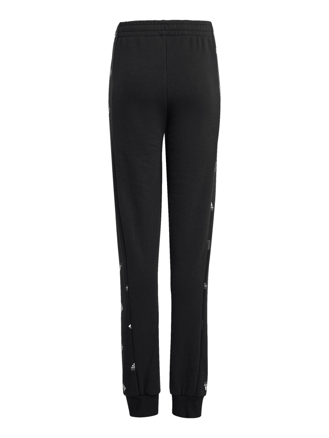 Pantalones deportivos Adidas color negro con detalles de marca en blanco y puños elásticos en los tobillos.