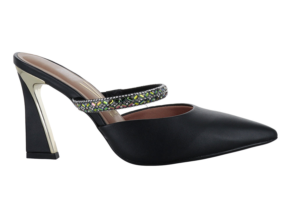 Zapatilla negra de tacón grueso con correa decorada con cristales multicolores.