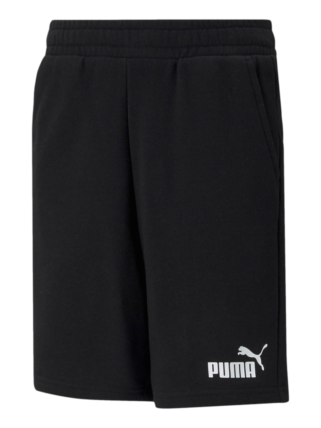 Pantalones cortos deportivos PUMA en color negro con logotipo blanco en la pierna izquierda.