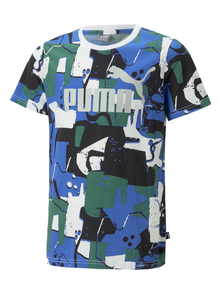 Camiseta PUMA de manga corta con estampado multicolor estilo street art en azul, verde, blanco y negro.