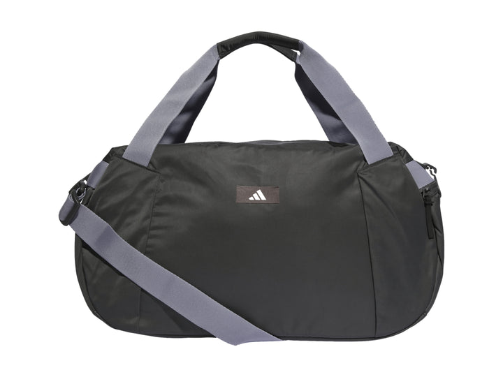 Bolsa de deporte Adidas color negro con correas grises y logotipo blanco frontal.