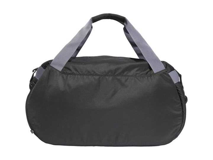 Bolsa de deporte Adidas color negro con correas grises y logotipo blanco frontal.
