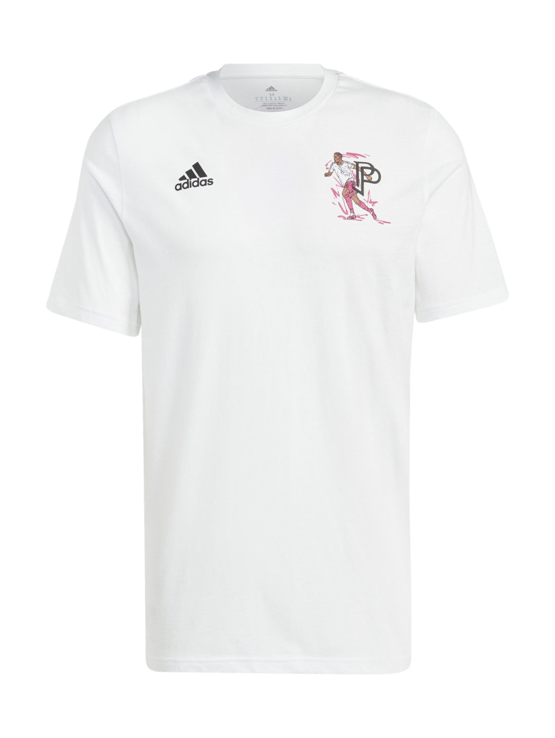 Hombre vistiendo una camiseta blanca de manga corta Adidas con un gráfico rosa en el pecho.