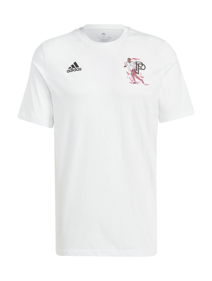 Hombre vistiendo una camiseta blanca de manga corta Adidas con un gráfico rosa en el pecho.