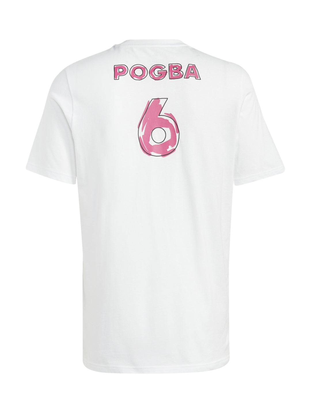 Hombre vistiendo una camiseta blanca de manga corta Adidas con un gráfico rosa en el pecho.