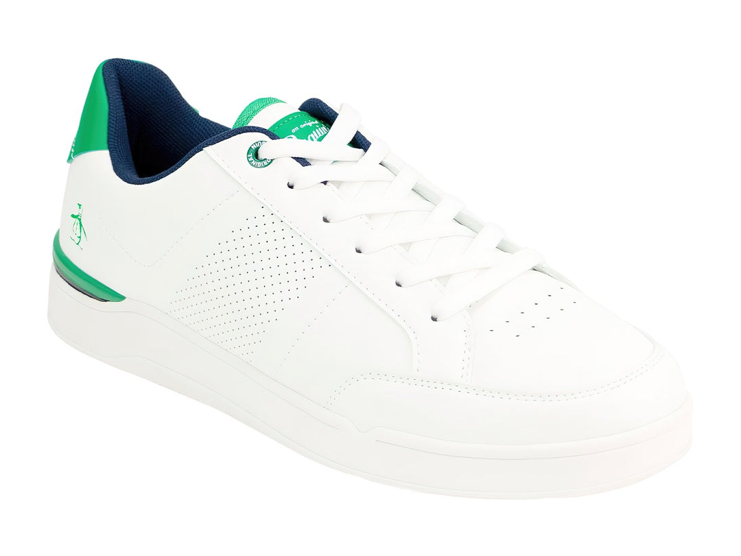 Tenis blancos PENGUIN LOGAN con detalles en color verde y azul marino, diseño casual de corte bajo.