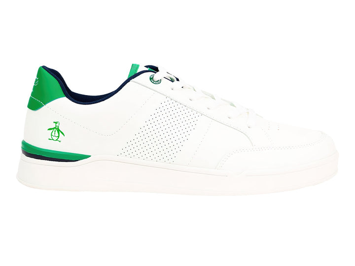 Tenis blancos PENGUIN LOGAN con detalles en color verde y azul marino, diseño casual de corte bajo.