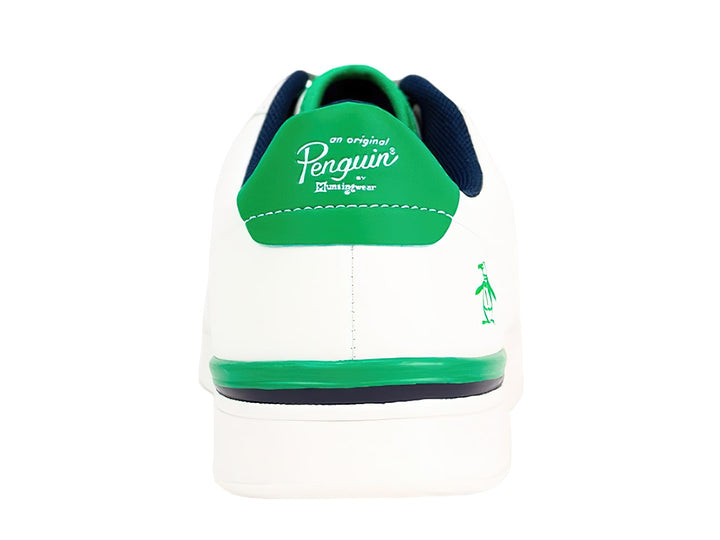 Tenis blancos PENGUIN LOGAN con detalles en color verde y azul marino, diseño casual de corte bajo.