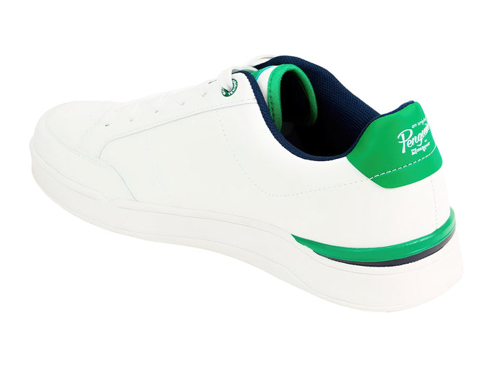 Tenis blancos PENGUIN LOGAN con detalles en color verde y azul marino, diseño casual de corte bajo.
