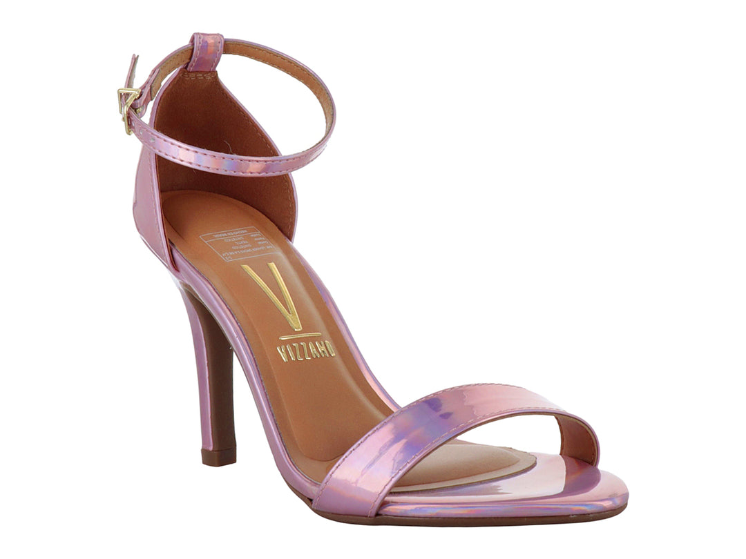Sandalia de tacón alto Vizzano en color rosa holográfico con correa al tobillo.