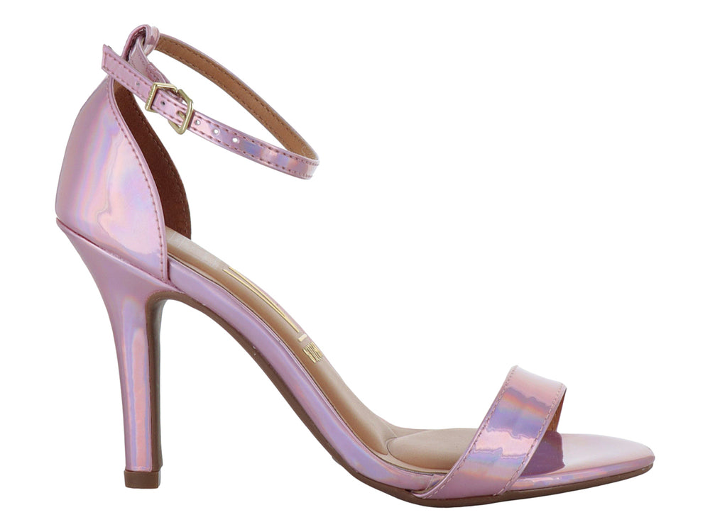 Sandalia de tacón alto Vizzano en color rosa holográfico con correa al tobillo.