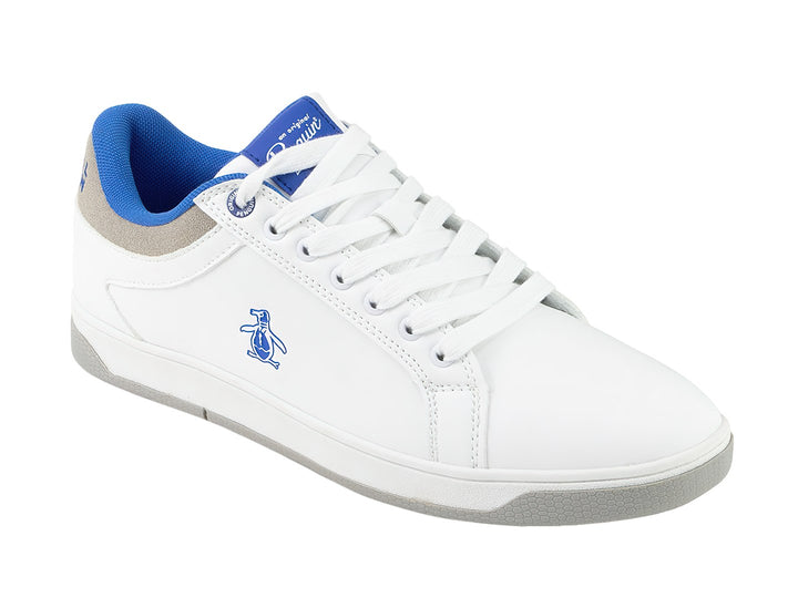 Tenis casuales marca Penguin en color blanco con detalles en azul y suela gris.